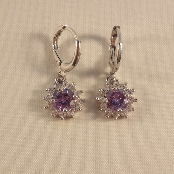 18K White Gold Filled Purple Diamond Zircon Sunflower Dangle Earrings Gorgeous - Picture 2 of 3